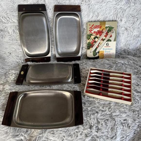 None Other - Vintage Stainless Steel & Wood MCM Single Server Snack/Appetizer‎ w/ Spreaders